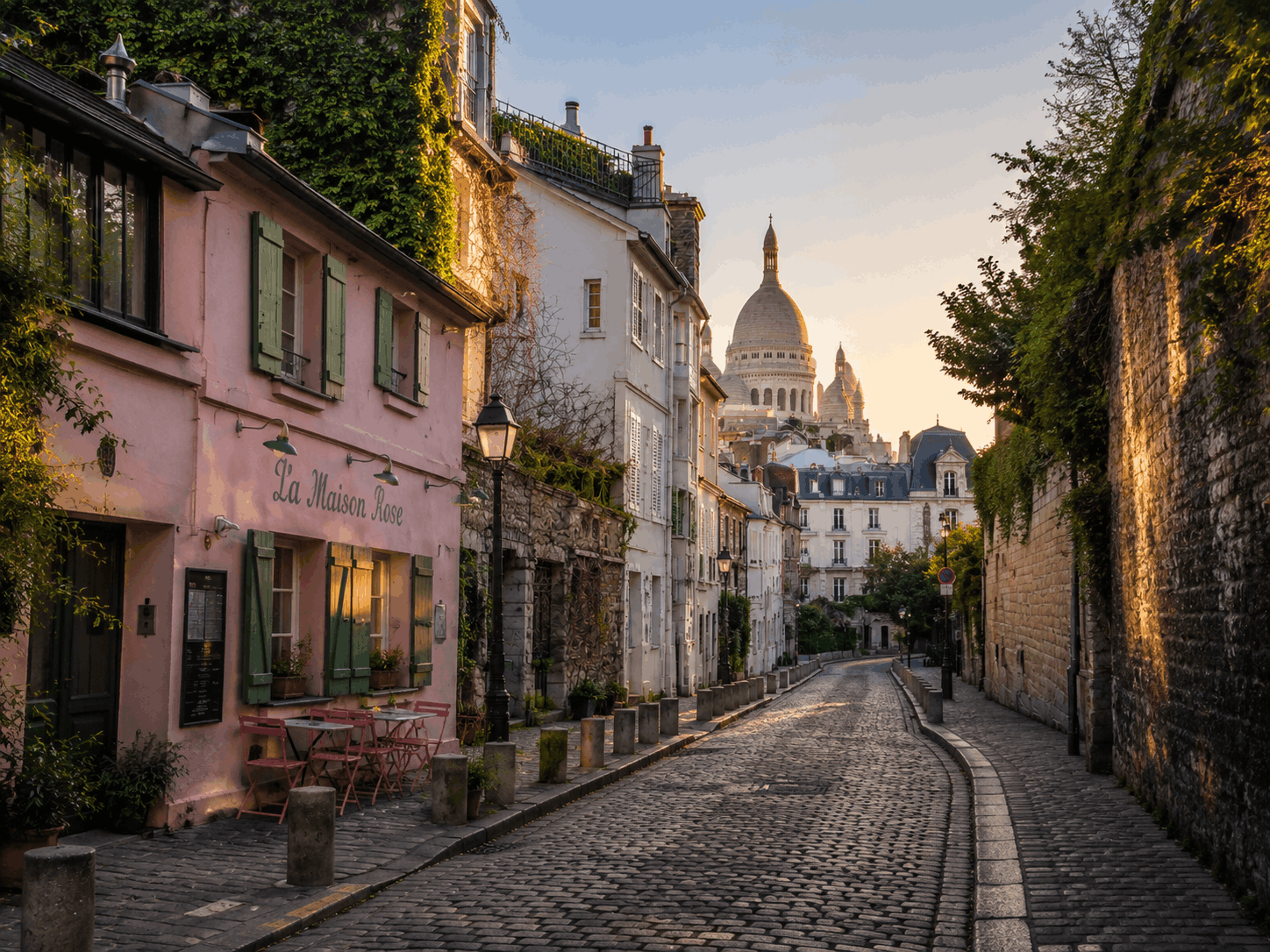 Sfeervol straatje in Montmartre in Parijs met zicht op de Sacré-Cœur